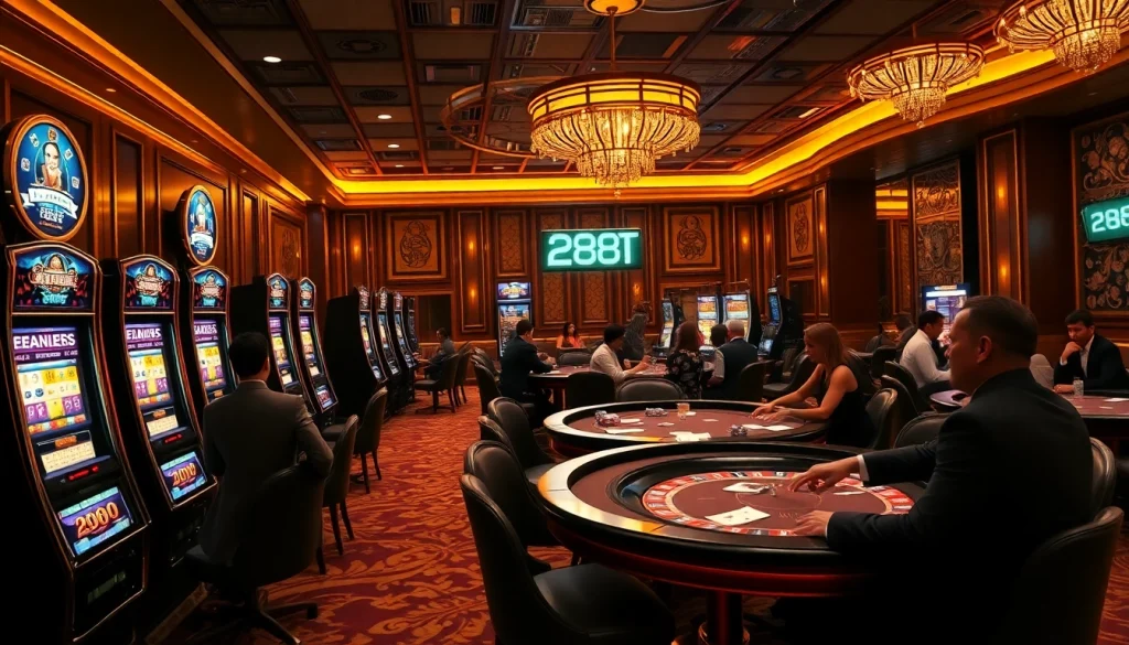 Experience the high-stakes excitement of 288T casino gaming with players at poker tables amid vibrant slot machines.
