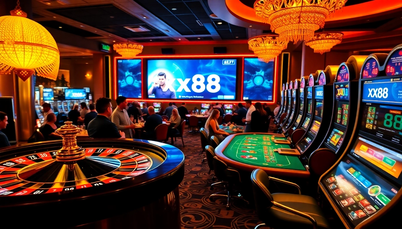 Players at the casino engage with tables and machines in a thrilling atmosphere, highlighted by the online accessibility of https://xx88.xyz/.
